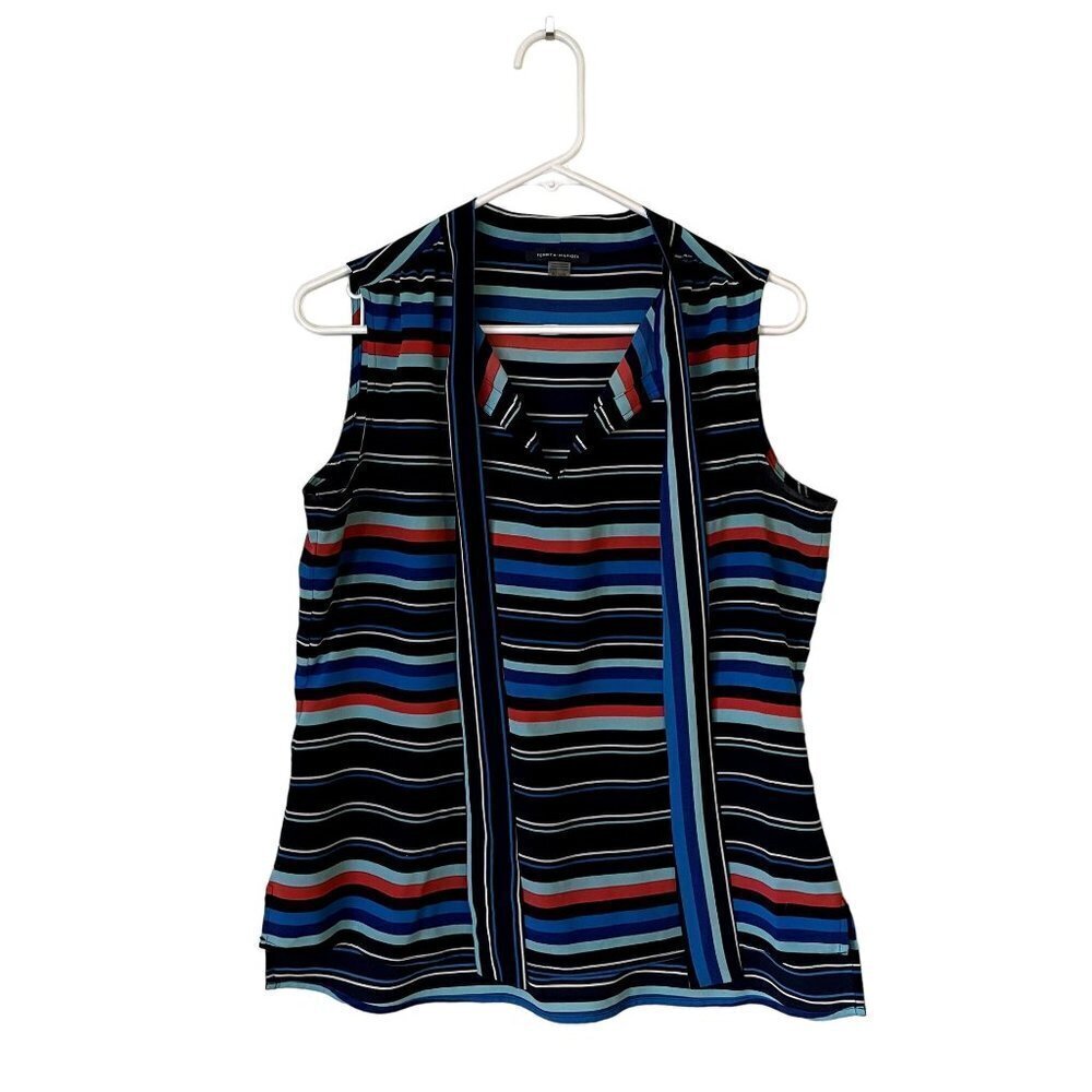Tommy Hilfiger striped orange, black, and blue sleeveless summer top necktie